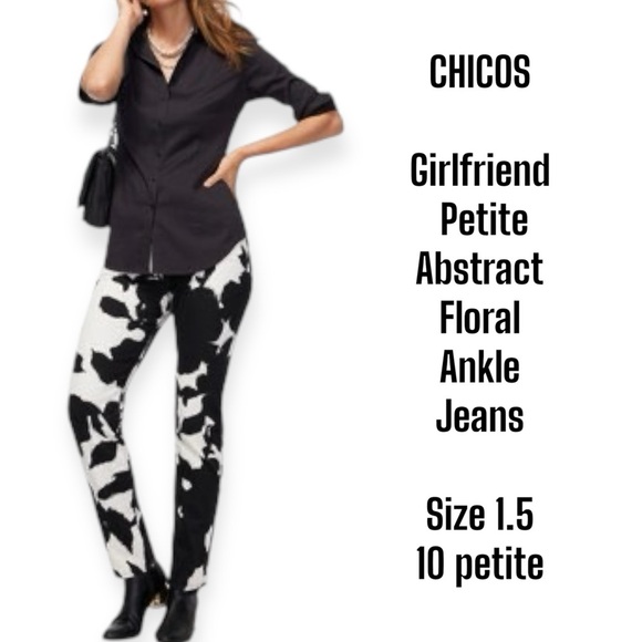 Chicos Size 10 Petite Black And White Abstract Floral Girlfriend Fit Ankle Jeans - Picture 1 of 10